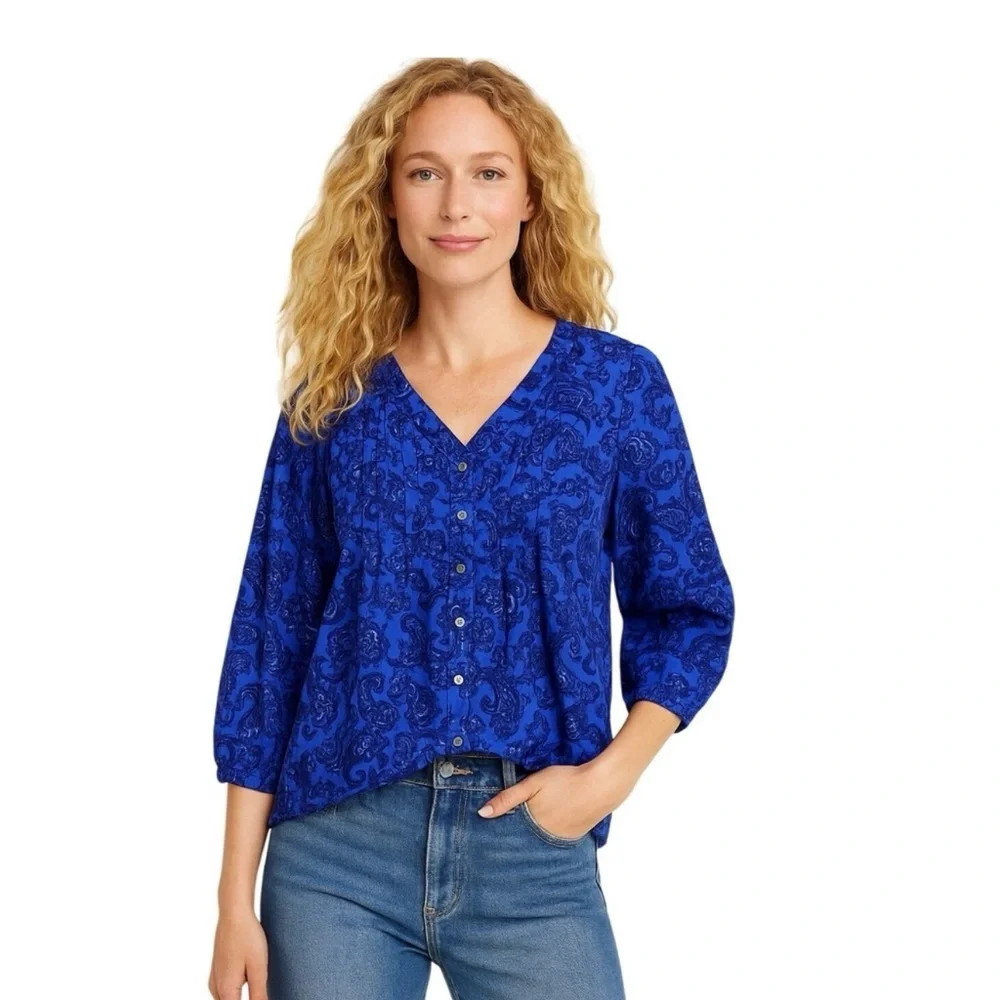 J.Jill Blue Paisley Cotton Voile Pintuck Button Front Blouse - Size Large - Picture 1 of 5